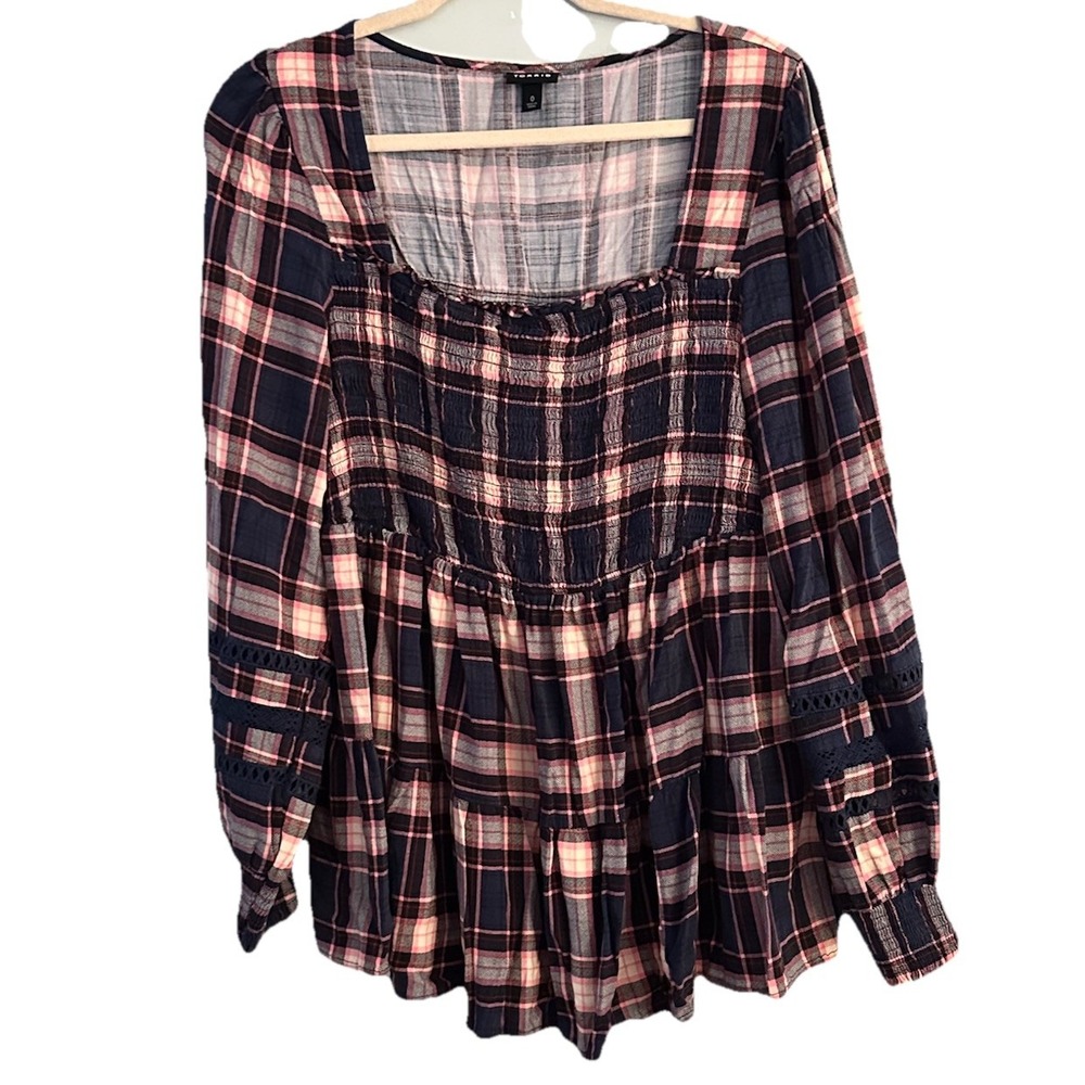 Torrid Babydoll Rayon Slub With Lace Inset Smocked Tiered Top Blue Plaid Large - Picture 1 of 11